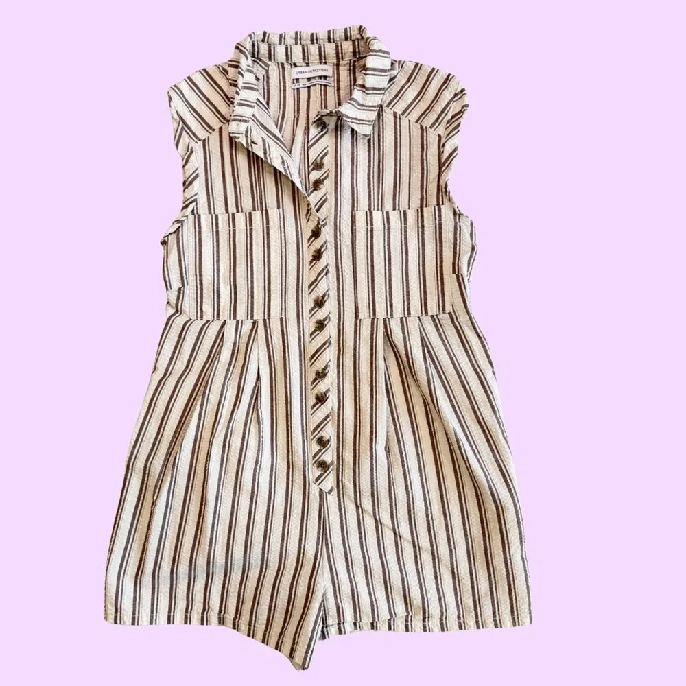 Urban Outfitters Sleeveless Striped Romper in Cream and Brown